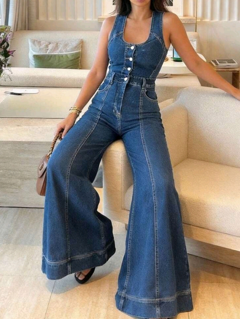 Women's Sleeveless Wide Leg Jumpsuit - With Button Front Closure - Picture 3 of 3